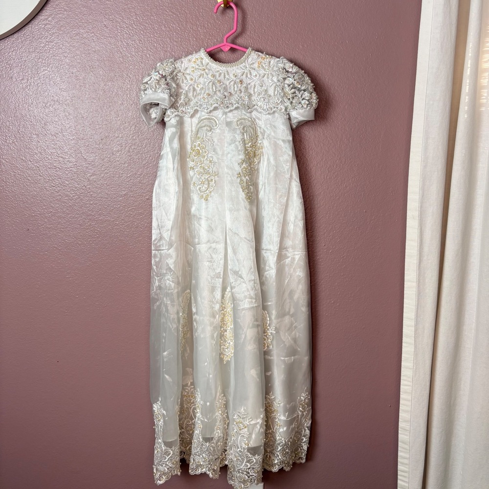 Heirloom Baby Christening Baptism Gown‎ Beaded Sequined Lace Bonnet Dress
